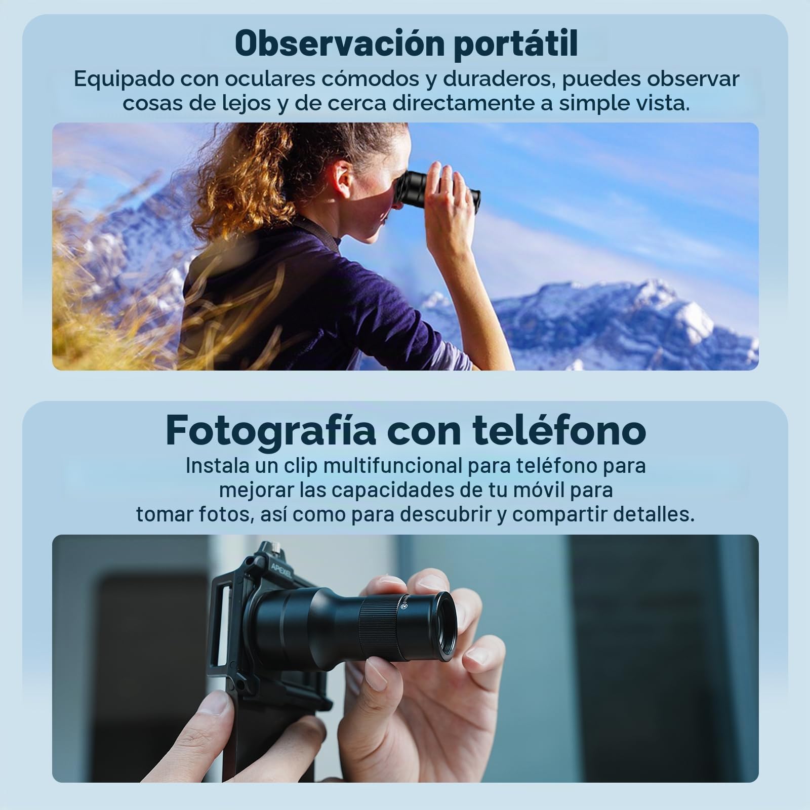 APEXEL Teleobjetivo HD 6X con Enfoque Fijo y Clip Universal Mejorado, Objetivo Macro de teléfono móvil de 150 mm, Kit de Lente de teléfono móvil con Doble función, Adecuado para la mayoría de