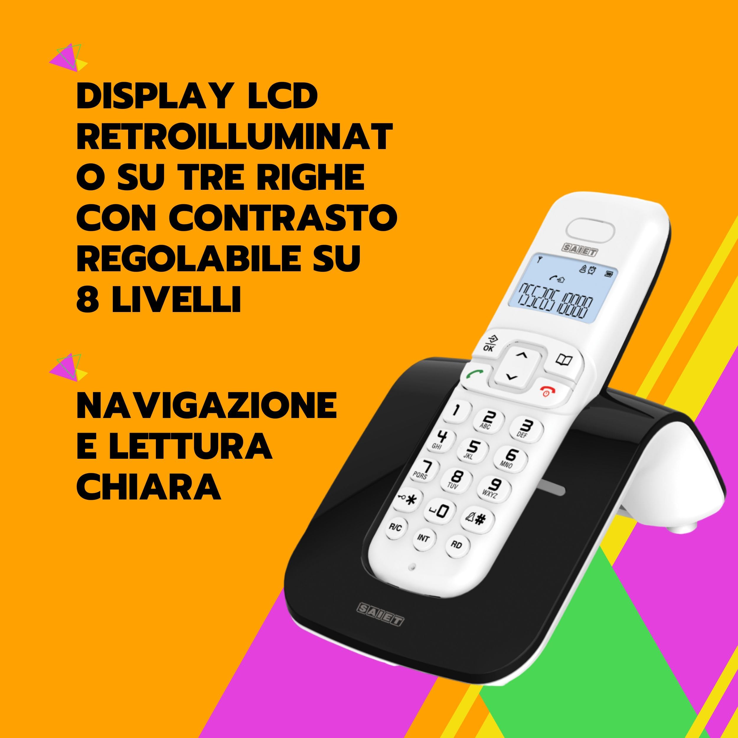 SAIET - Telefono Cordless Casa e Ufficio 13500783 - con Vivavoce DECT GAP LCD - con Tasti Grandi e Schermo Intuitivo - Nero