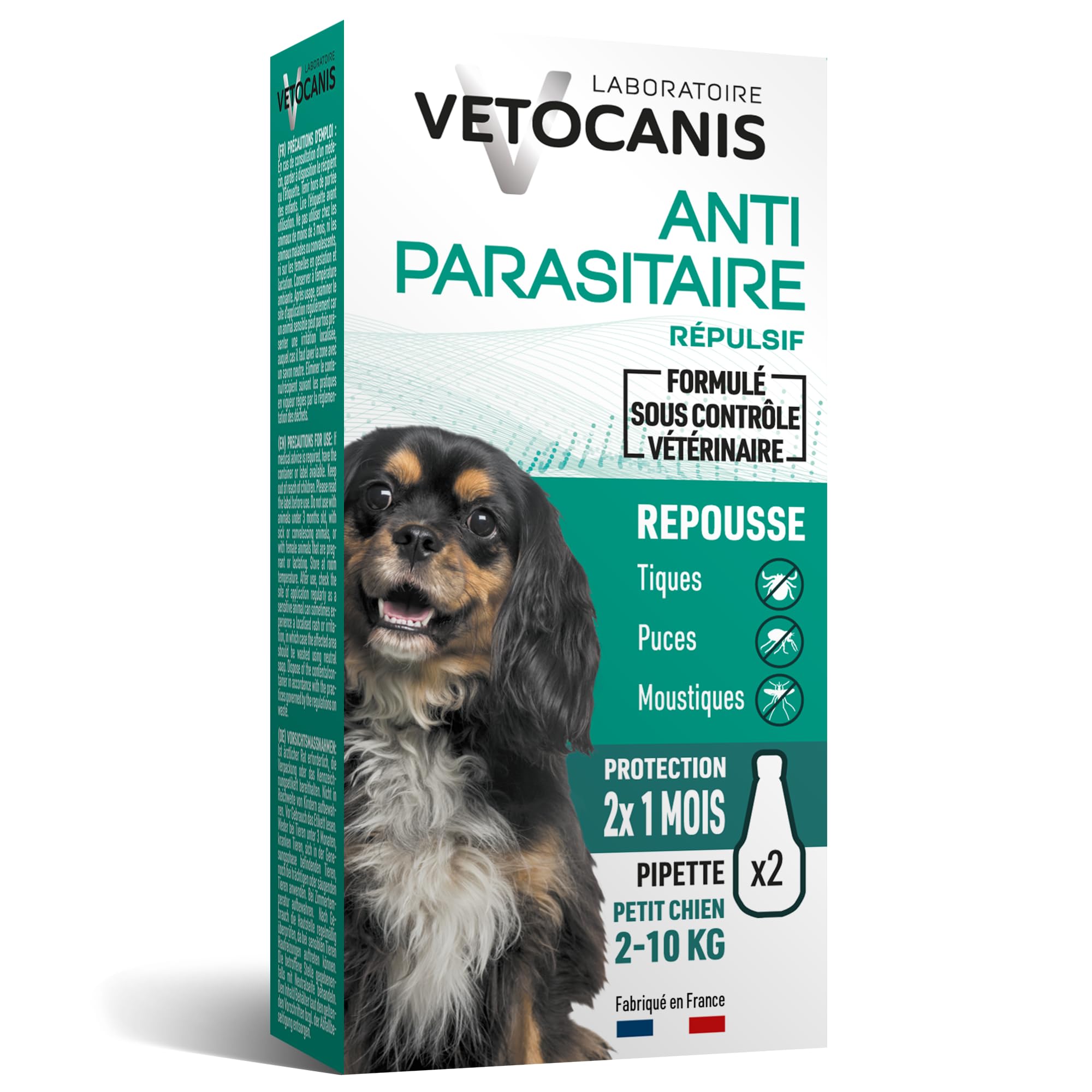 Vetocanis, Pipettes Anti Puces Chien, 2x1 Mois sans Tiques, Puces, Moustiques, Antiparasitaire Chien 2 à 10 kg, A base de Margosa, Répulsif Protection Immédiate, 2 Pipettes de 2 mL