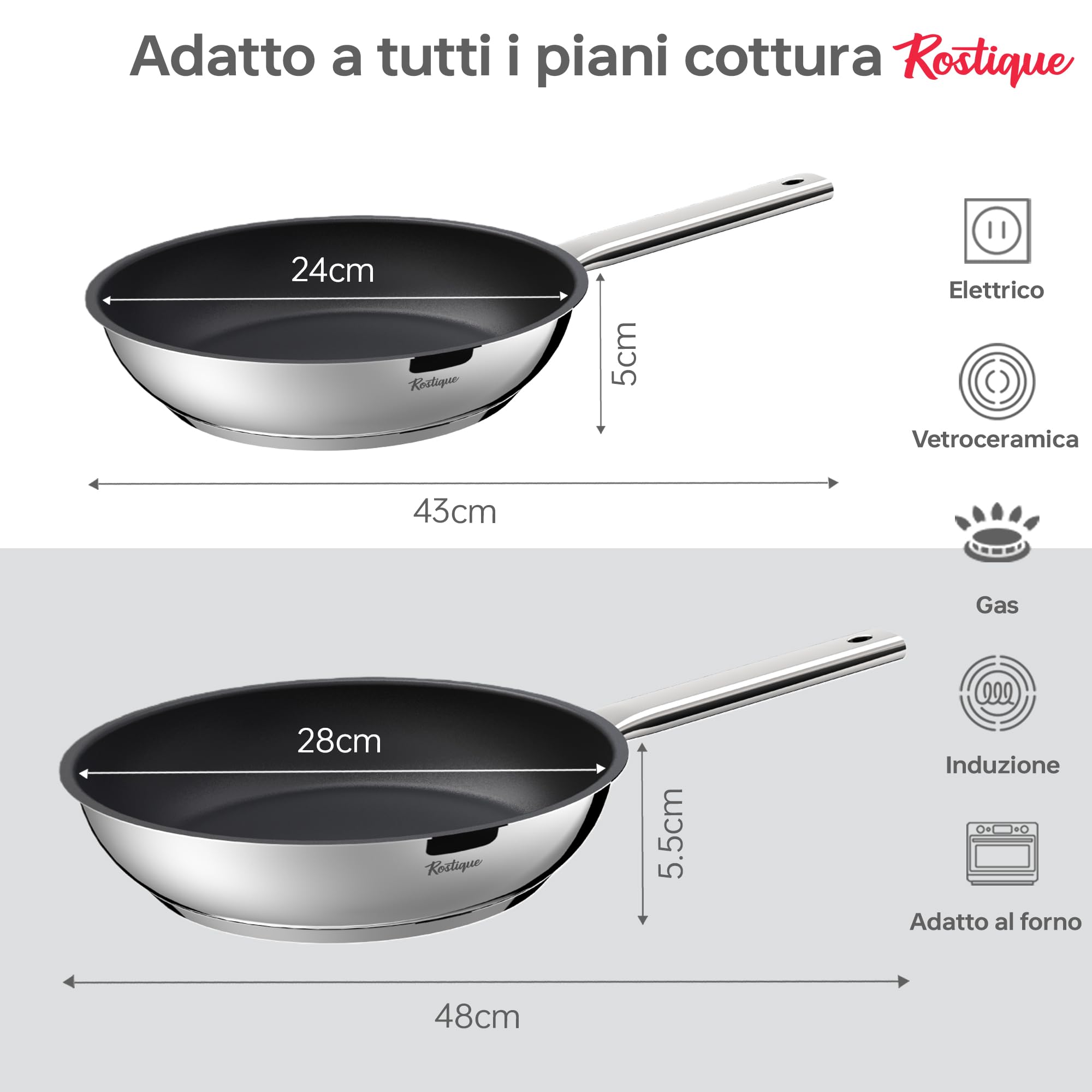 Padella in acciaio inox da 24 cm e 28 cm con rivestimento antiaderente, adatta a tutti i piani cottura, compresi gas e induzione