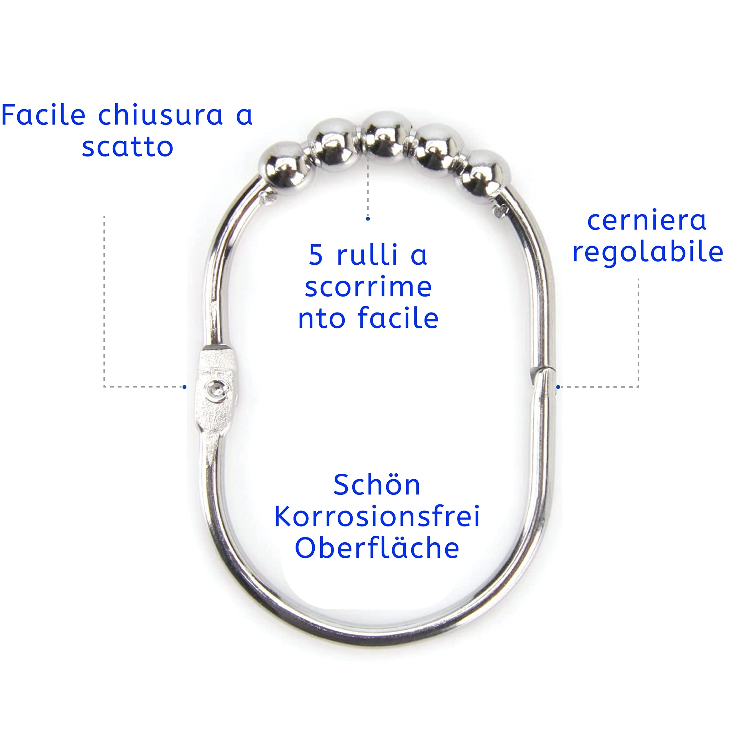 2 Lb. Depot Set di anelli/ganci per tende da doccia larghi, finitura cromata lucida decorativa, rulli Easy Glide, 100% acciaio inossidabile antiruggine, set di 12 anelli