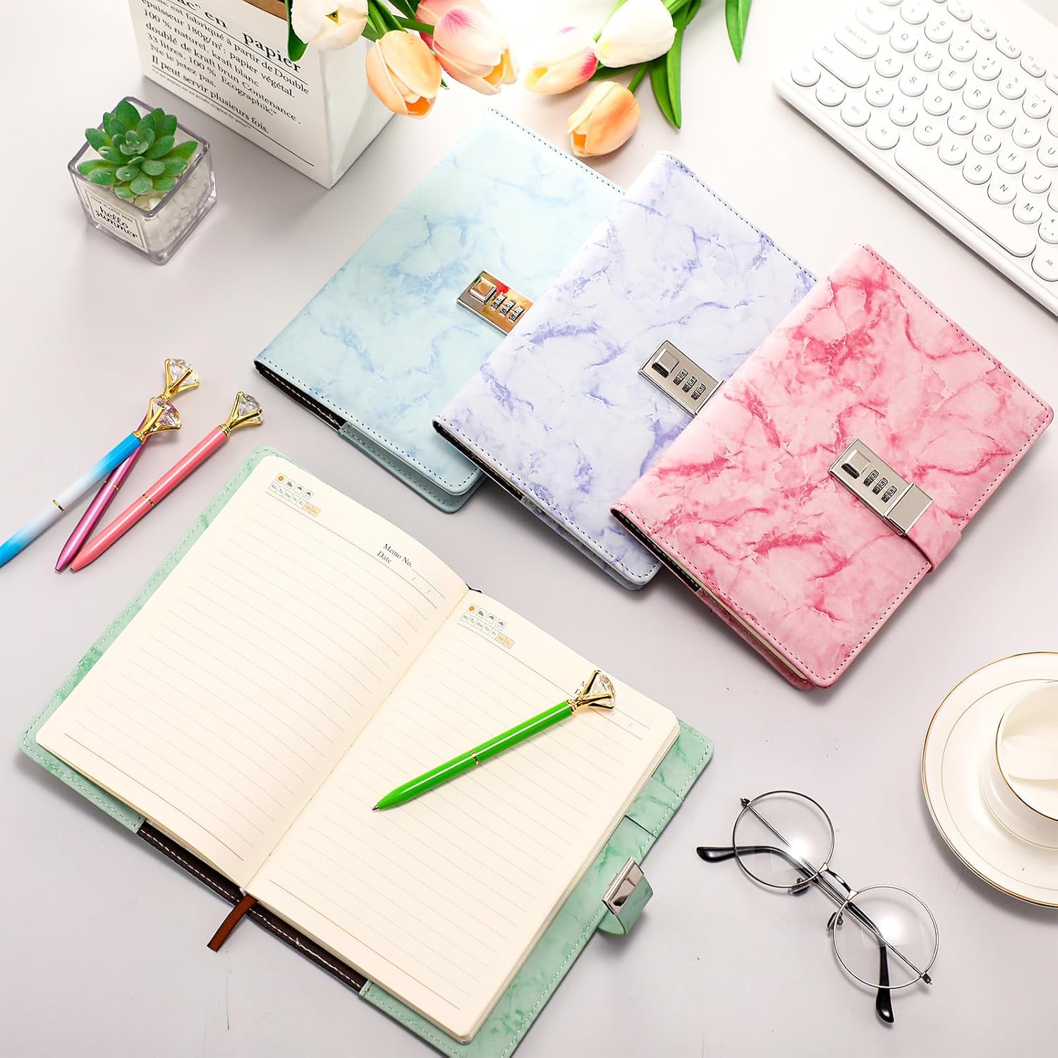 Zonon Diary with Lock for Girls Marble PU Leather A5 Journal Combination with Diamond Pen Back to School Gifts Lock Diary Planner Organizer for Men and Women(Red, Blue, Green, Purple,4 Pcs)