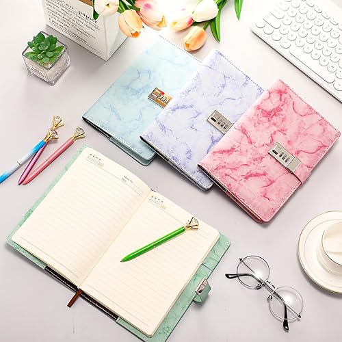 Miniatura 3 de Zonon Diario con cerradura para niñas, de piel sintética de mármol, A5, combinación con bolígrafo de diamantes, regalos de regreso a clases,
