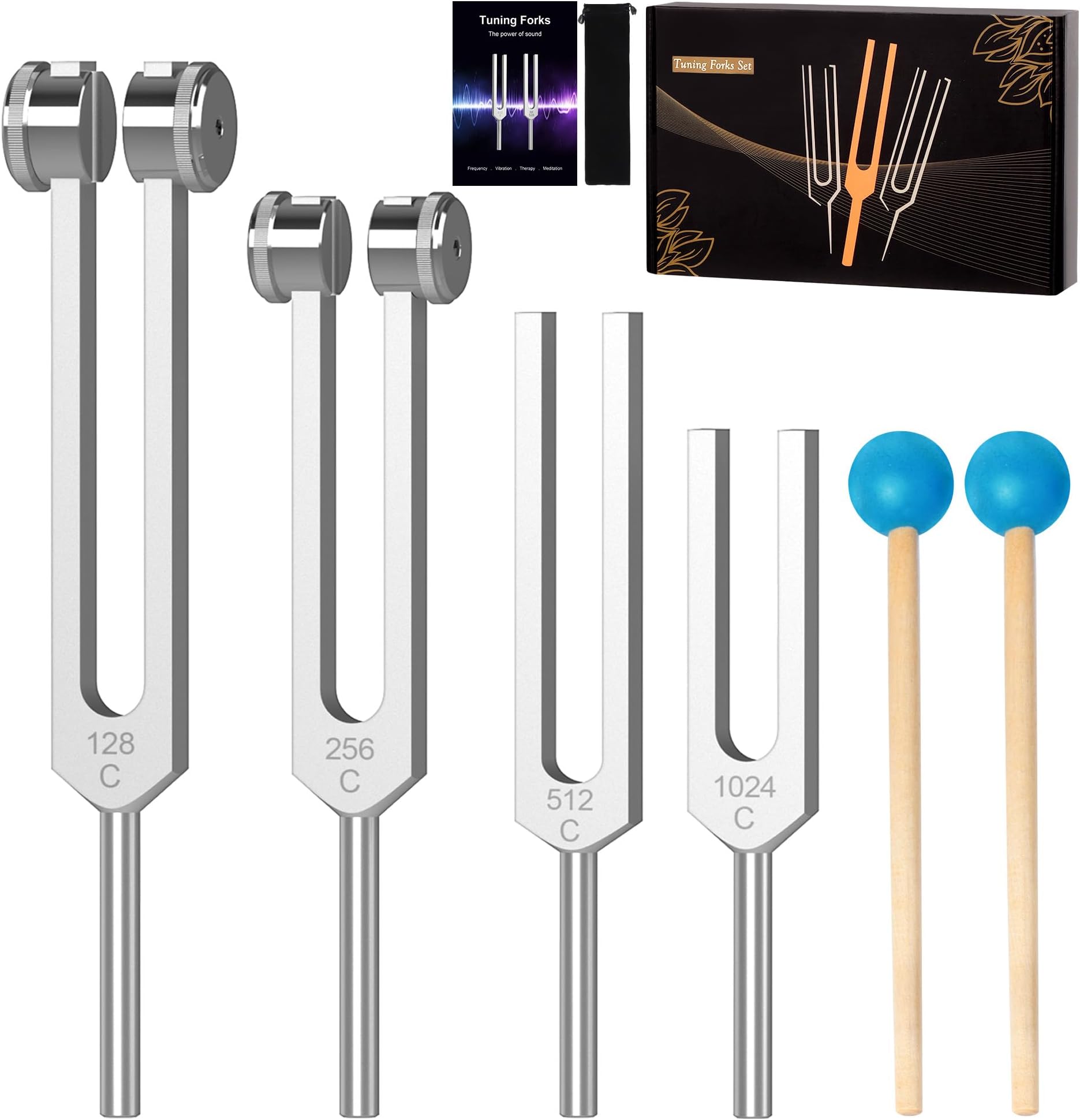 Tuning Fork Set 4pcs (128Hz, 256Hz, 512Hz, 1024Hz) with Activator & Pouch – Weighted & Unweighted Sound Healing Tools for Meditation, Yoga, Stress Relief, Chakra Balance & Space Clearing