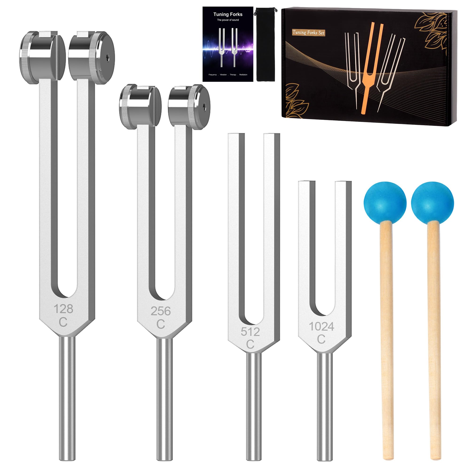 Horquillas de afinación para curación de 128 Hz, 256 Hz, 512 Hz, 1024 Hz, 4 piezas de aleación de aluminio médica para curación de chakras, adecuado para terapia de sonido, yoga, meditación