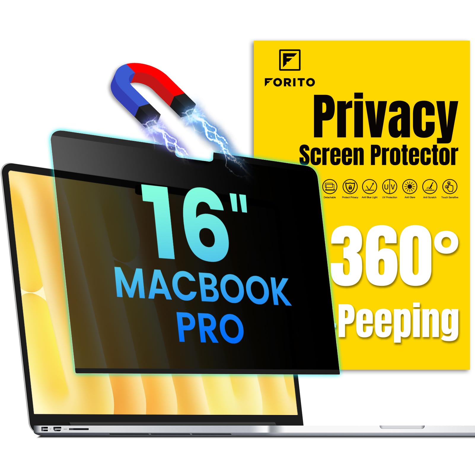 F FORITO Magnetic Privacy Screen Protector Compatible with MacBook Pro 16 inch (2021-2024, M1, M2, M3, M4 Pro/Max), Removable 360° Anti Peeping Anti Blue Light Anti Glare Laptop Privacy Shield