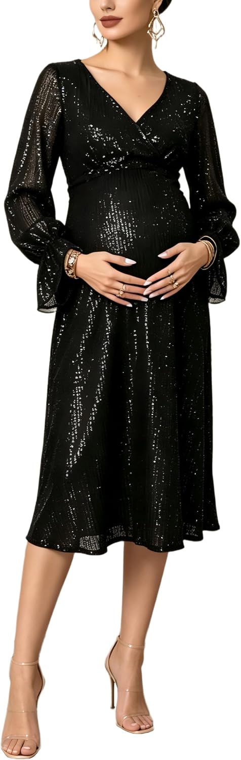 Sequin Maternity Midi Dress Long Sleeve V Neck Party Dress