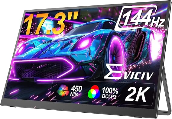 EVICIV Portable Monitor 17.3 Inch 2 K 144 Hz Coarse Portable Screen FHD 1080P 100% DCI-P3 450Nits 1500:1 Gaming Display USB C Mini HDMI with VESA & Stand for Laptop PC Mobile Phone PS-4/5 Xbo