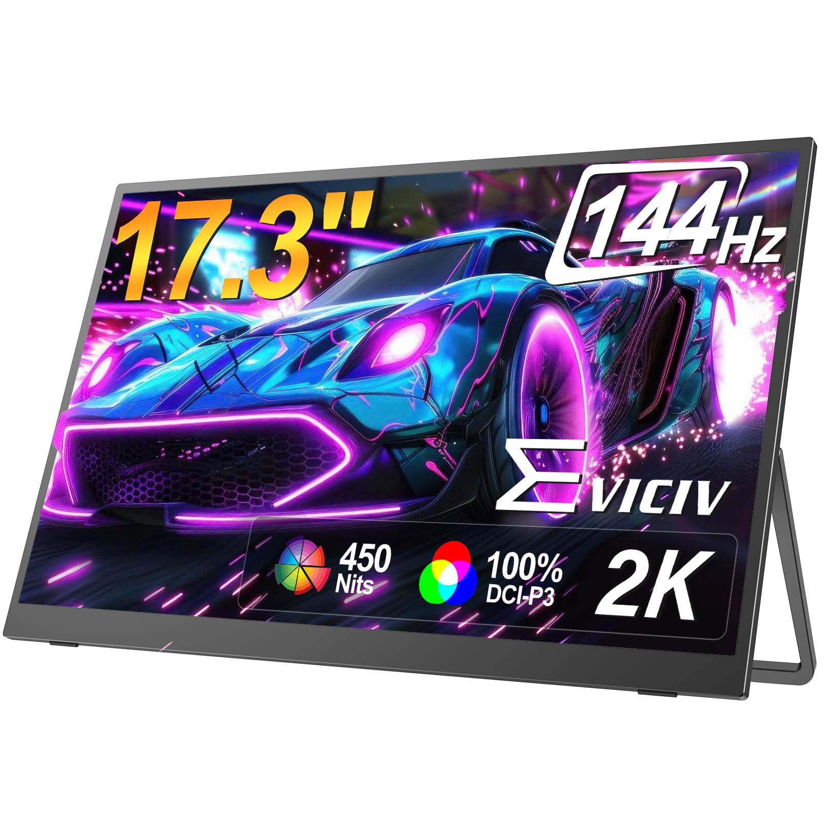 EVICIV Monitor Portatil 17,3 Pulgadas 2K 144Hz 2560*1440 100% DCI-P3 450Nits 1200:1 IPS Cuidado de Ojos Juego de Azar Pantalla Portable con Kickstand Mini HDMI USB C para Laptop/Teléfono/Game Console