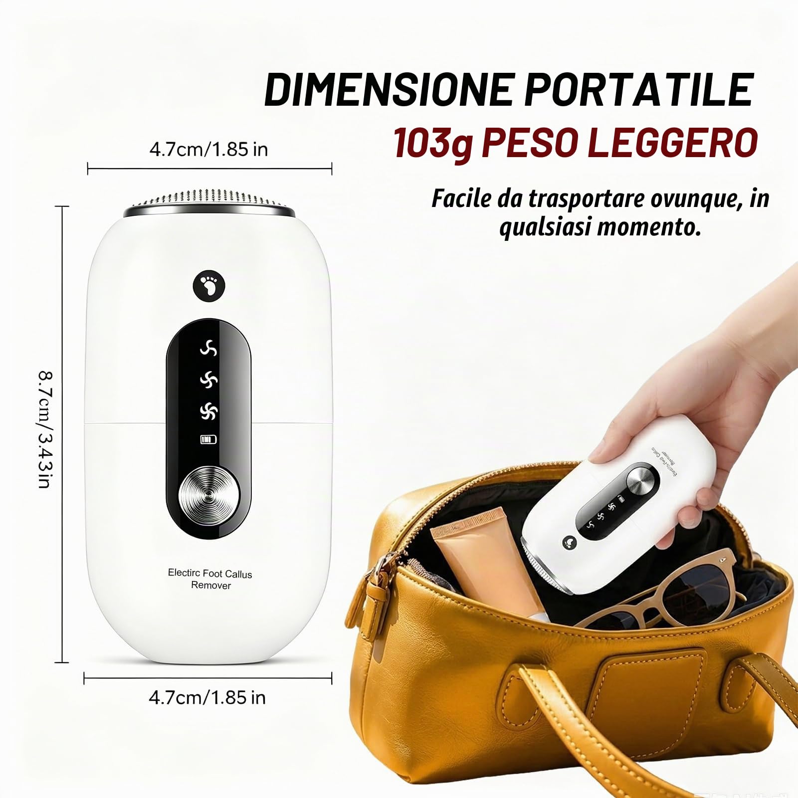 Lima Elettrica per Piedi, Strumento per Calli dei Piedi, Levigatore Elettrico per Talloni, Pedicure Elettrico con 3 Velocità, 2 Testine in Acciaio Inox, IPX6 Impermeabile, Ricaricabile USB