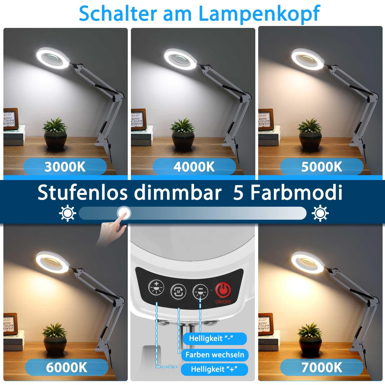 10 lupas con luz y pinza, lámpara LED con lente de cristal, 5 modos de color, atenuación continua, lupa con luz y soporte, lupa de lectura manos libres para personas mayores, lectura