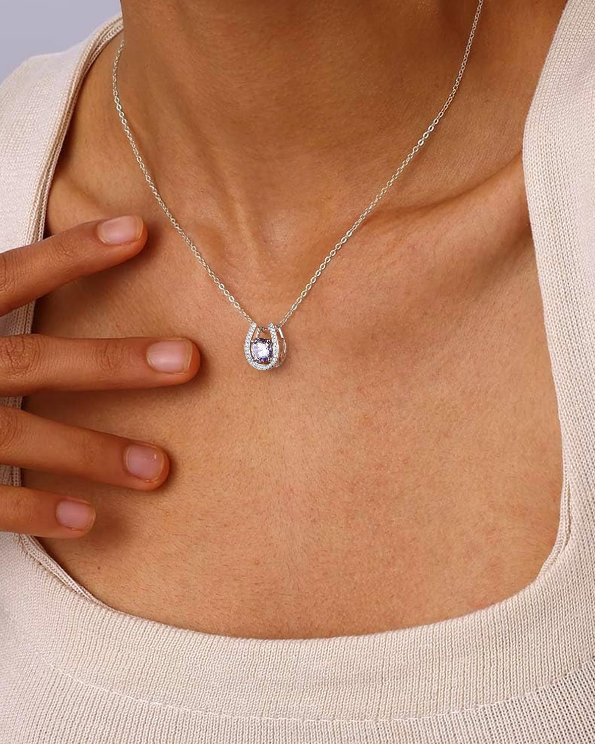 Sterling Silver Birthstone Horseshoe Necklace for Women Good Luck Pendant Necklace Jewelry for Birthday Wedding(with Gift Box) - Image 2