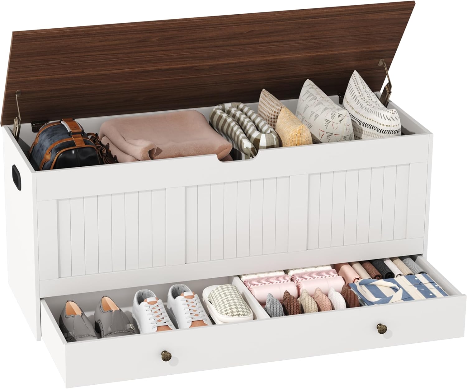HOMEFORT 44.3" Storage Chest with 2 Drawers, Large Shoe Bench with Storage for Entryway, Retro Wooden Storage Trunk with 2 Safety Hinges, Storage Bench for Bedroom, Living Room, White and Brown