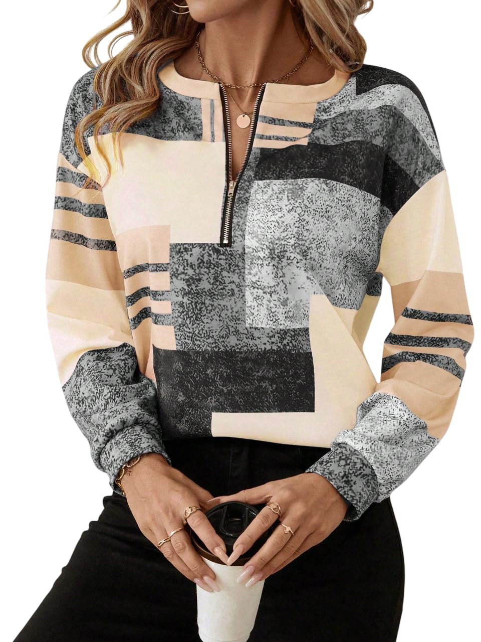 Women’s Abstract Printed Zipper Neck Top | Full Sleeve Casual & Office Wear T Shirt for Women || Womens T-Shirt-image-24