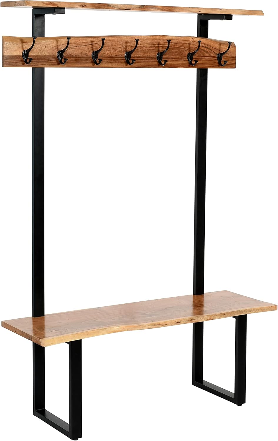 Alpine Hall Tree with Bench and Coat Hooks, 48 in. W x 72 in. H, Natural Acacia Wood with Live Edge and Metal Strap Legs, Slim Profile, Includes Top and Bottom Shelves for Storage, Brown