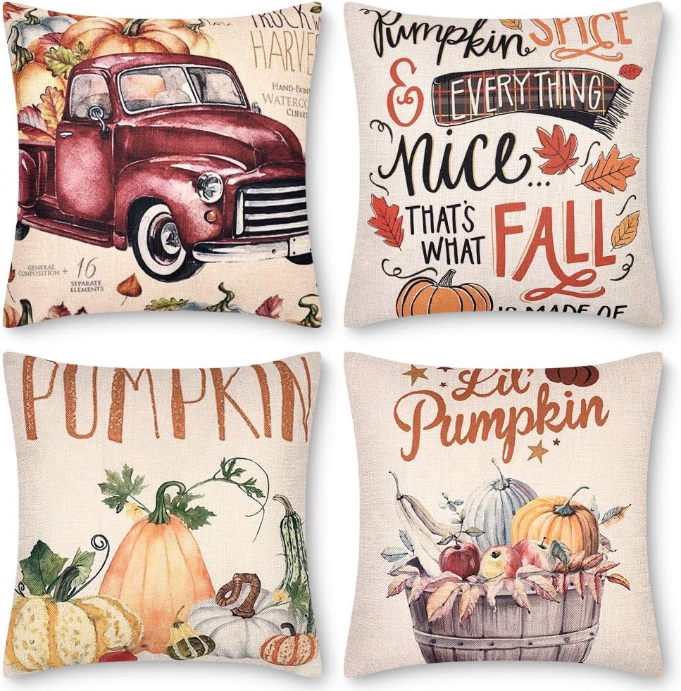Fall Pillow Covers 18x18 Set of 4, Thanksgiving Farmhouse Autumn Decorative Throw Pillow Covers, Cushion case Set for Sofa, Couch, Bed and Car