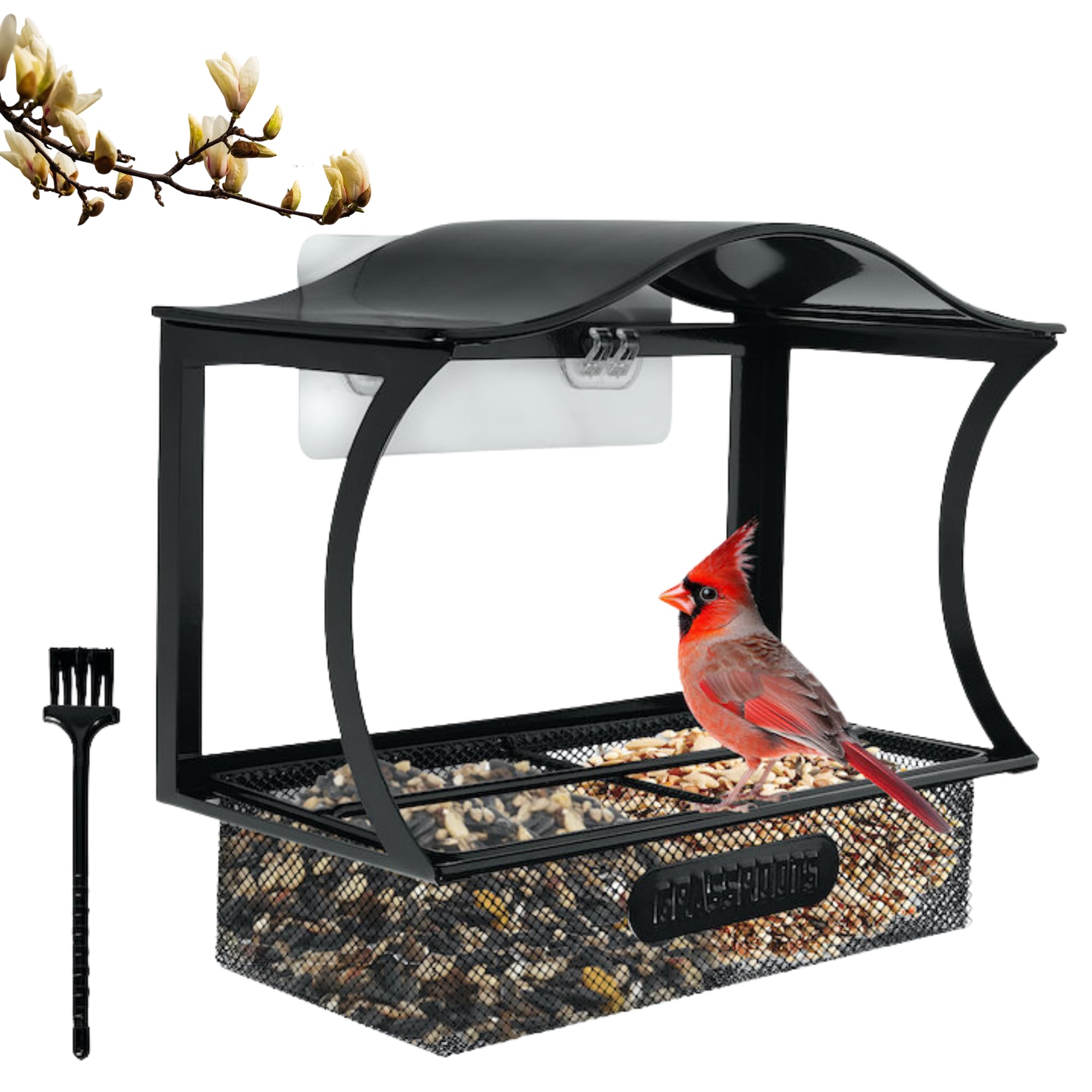 GRASSROOTS Window Bird Feeder Metal – Small Bird Feeder for Window with Adhesive Hooks, Removable Seed Tray & Weather Cover, Squirrel Proof Bird Feeder for Small Birds, Balcony