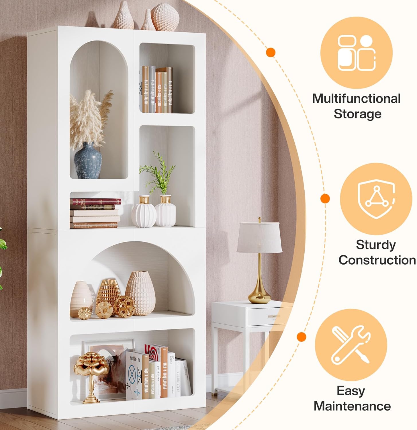 Tribesigns 70.87" Tall Geometric Bookshelf, White Arched Bookcase with 5 Irregular Storage Shelves, Modern Open Art Decor Display Shelf Free-Standing for Living Room, Bedroom, Closet 1 White