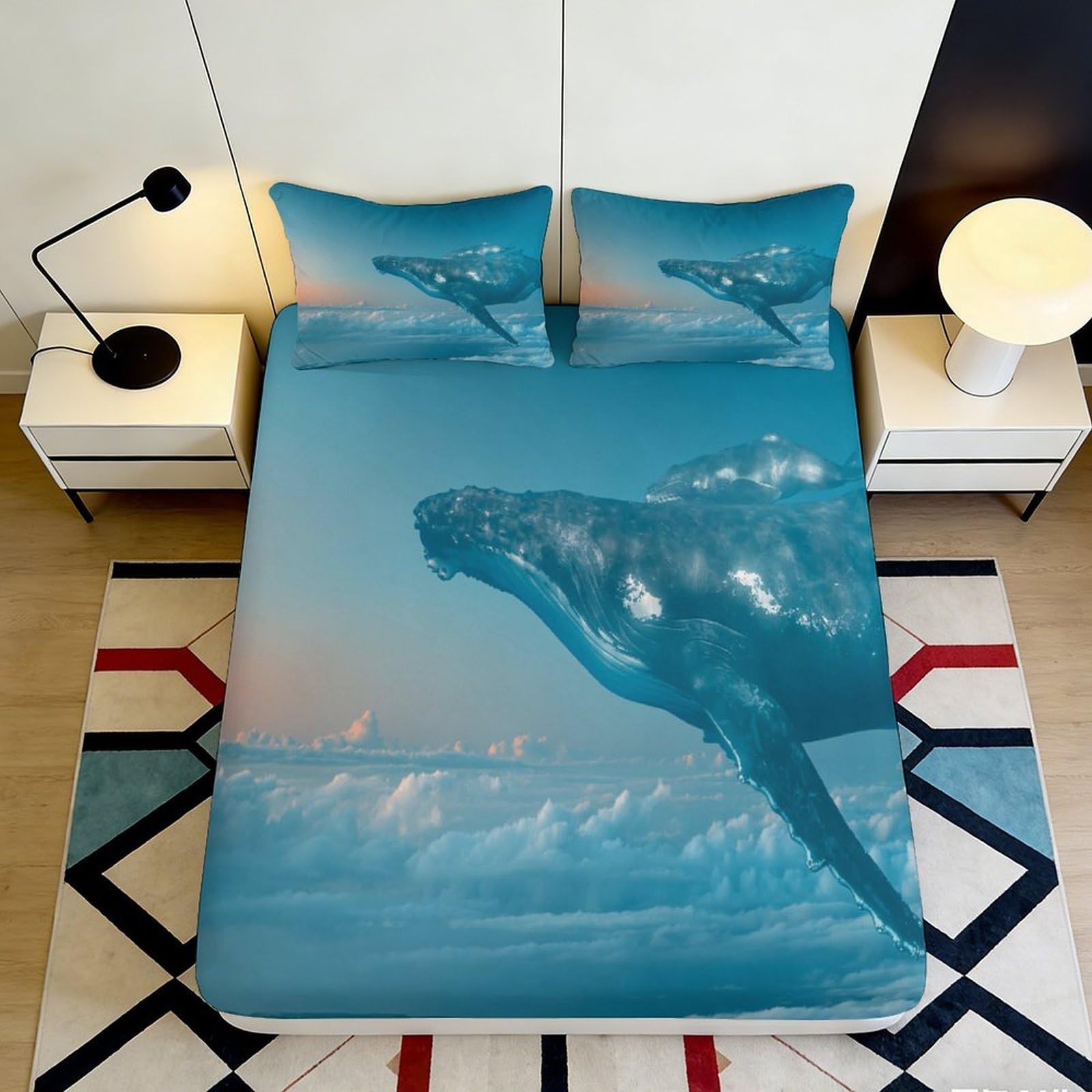 Pnayamiorkfel Style-4 3D Printed Whale Cloud Fitted Sheet Microfiber Anti-Slip Sky Ocean Mattress Cover Bedroom Decor Washable 90X200x25cm