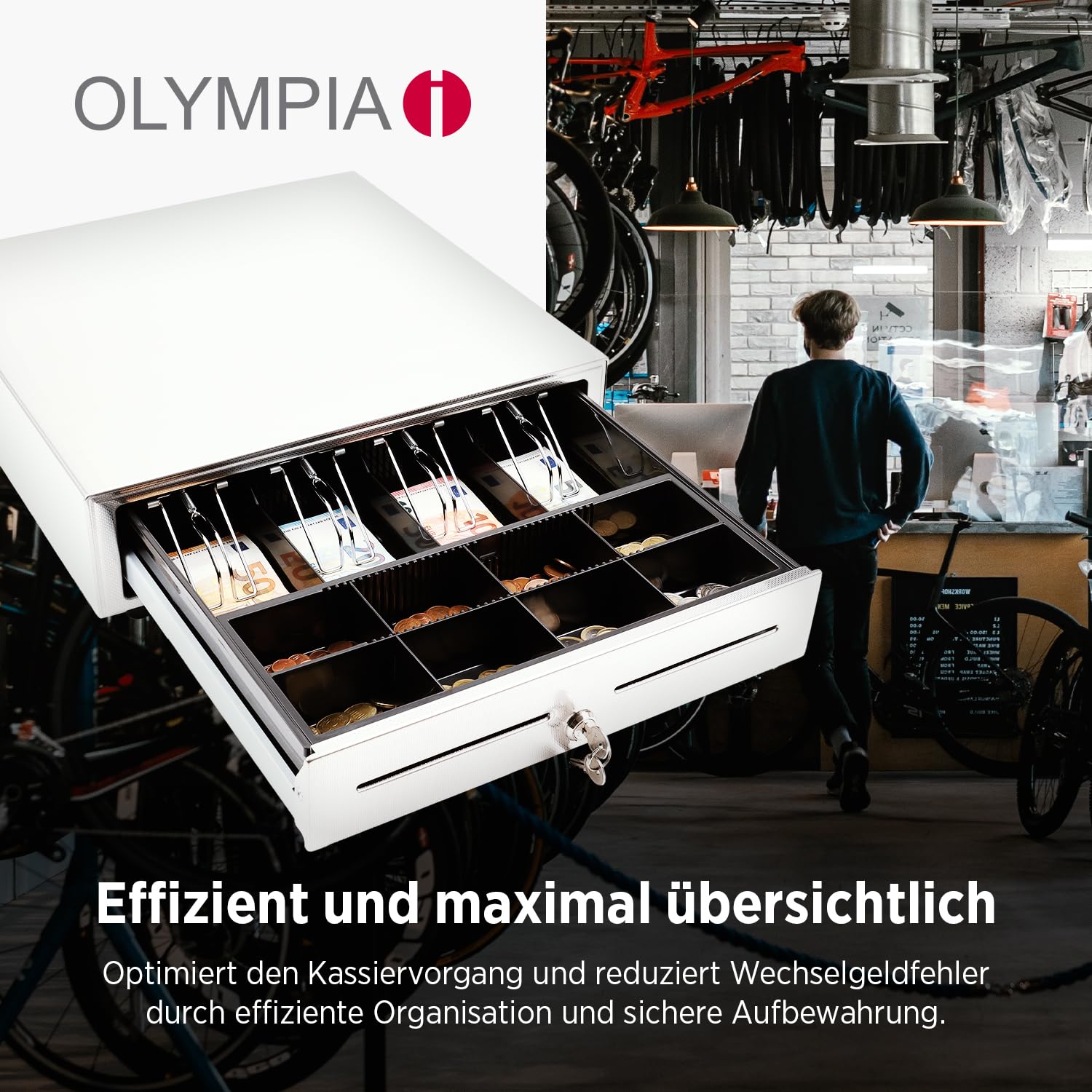Olympia LD 410S Kassenschublade | Geldkassette abschließbar mit Einwurfschlitz | RJ12-kompatibel | 8 Münz- & 4 Scheinfächer+Halteklammern | Metallgeldbox für Handel & Gastronomie | 41,5x41x10,4 cm