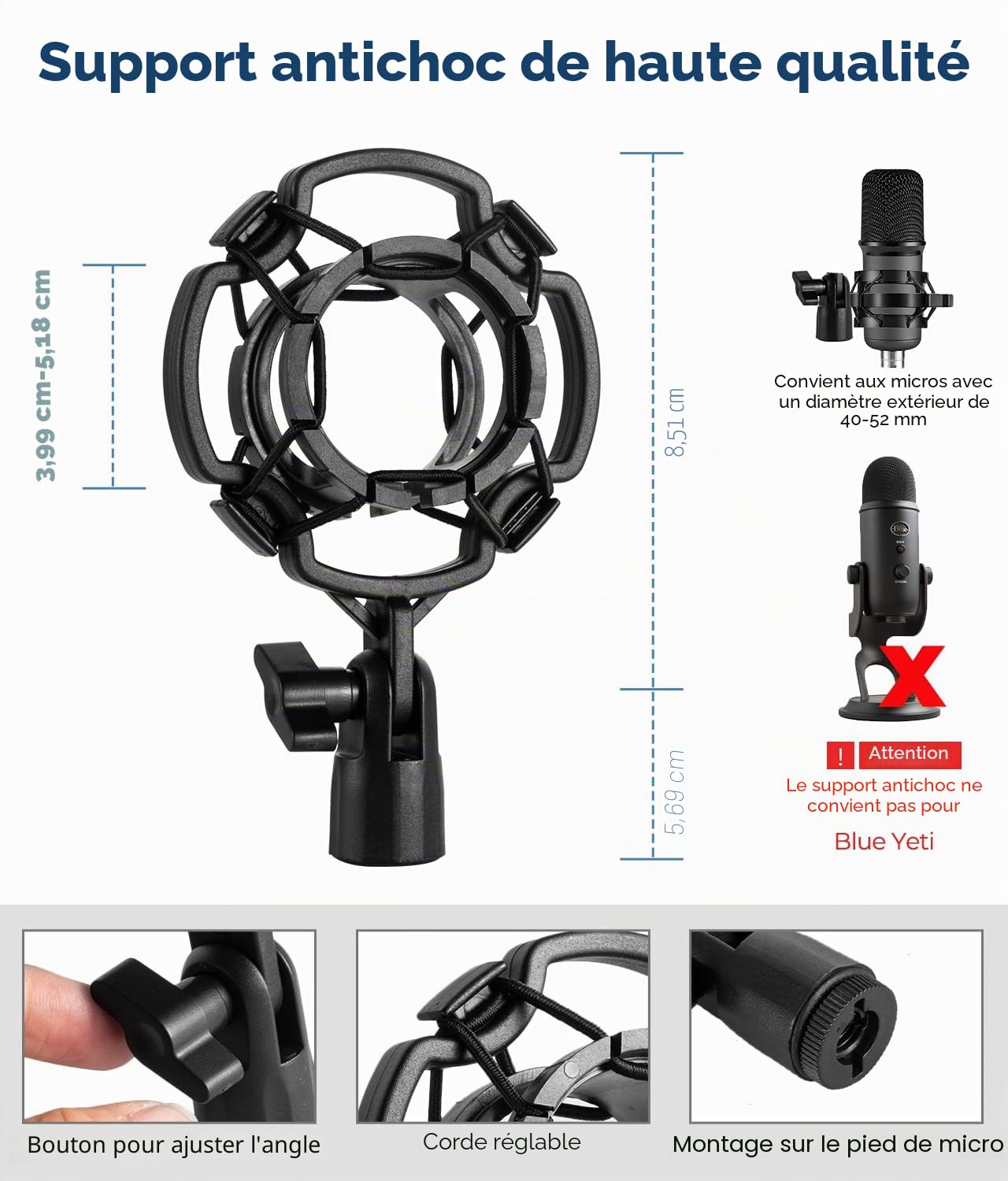 BILIONE Support de microphone de bureau amélioré, support de micro réglable avec filtre anti-pop, support antichoc, clip de microphone, adaptateur à vis en métal de 1,5 cm à 9,5 mm