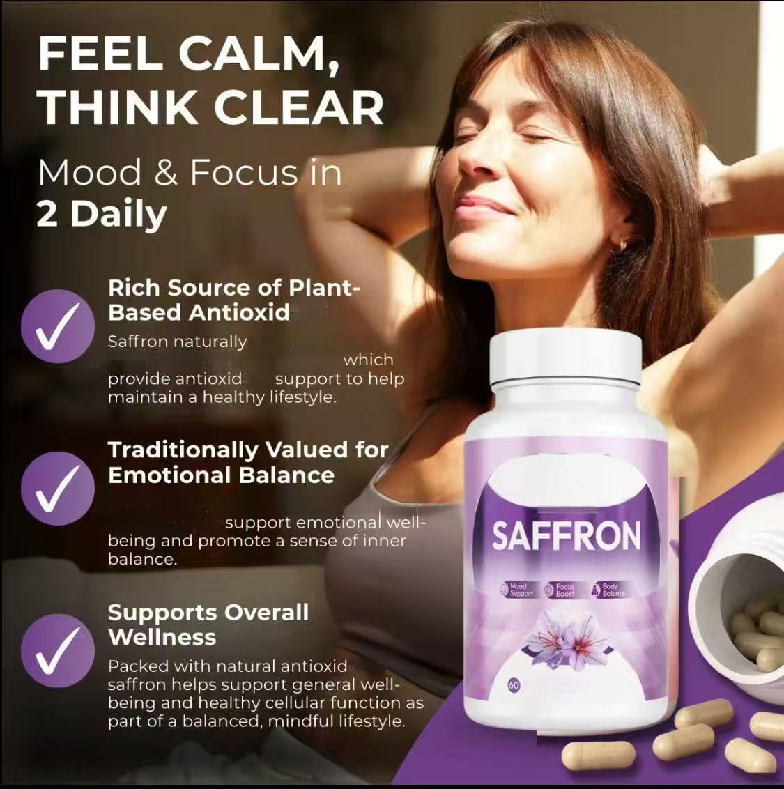 Extrait de safran, Aide à soulager l'humeur et le stress | à favoriser la concentration et la performance et à équilibrer le soutien