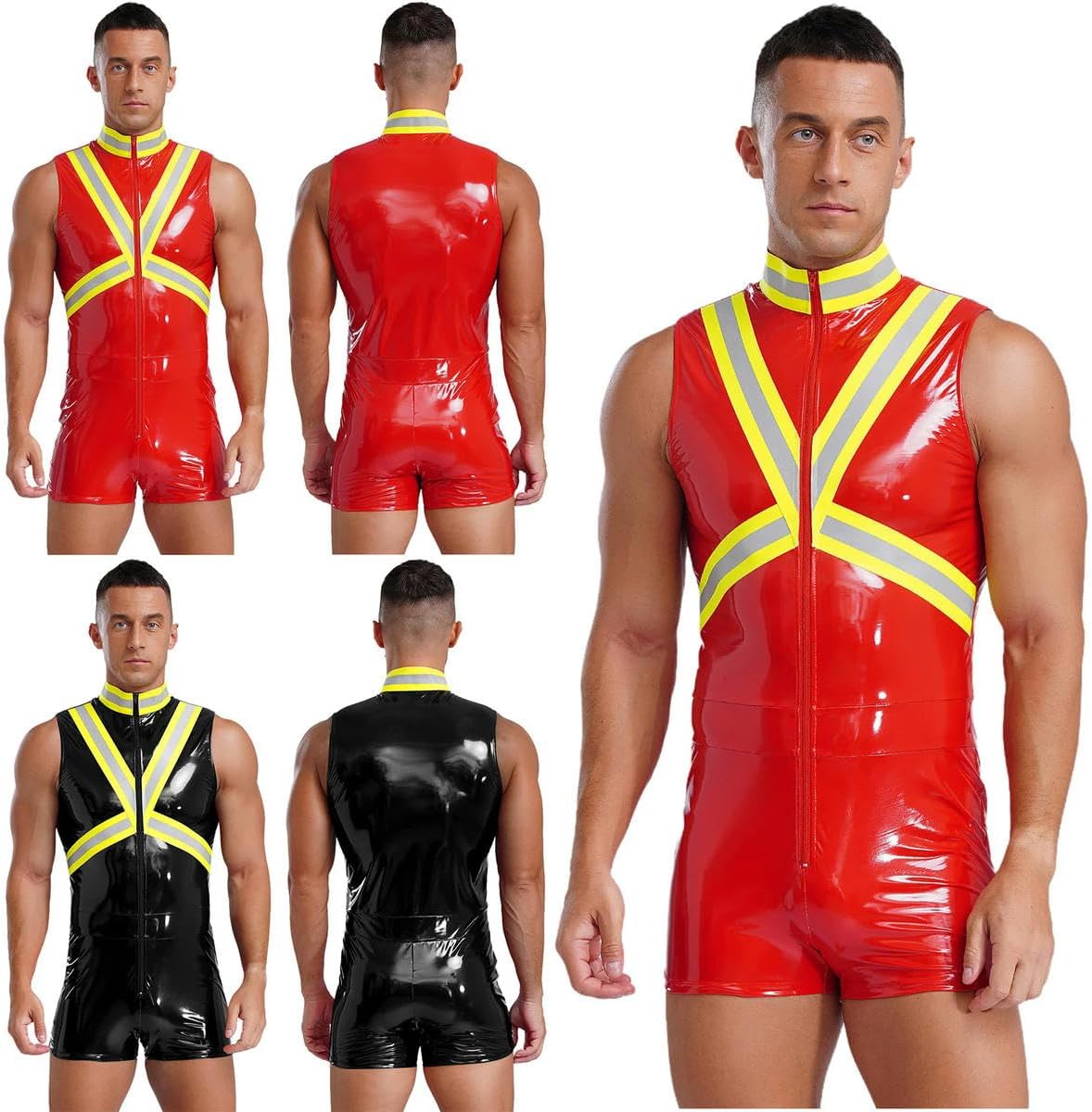 Mens Faux Leather Bodysuit Stand Collar Sleeveless Front Zipper Reflective Stripe Jumpsuit Costume.