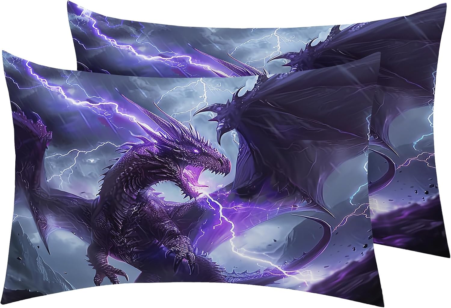 Purple Dragon Pillow Cases Queen Size Set of 2 - Soft Breathable Microfiber Pillowcases with Envelope Closure, Boys Cool Fantasy Animal Patterned Pillow Covers, Dragon Gifts