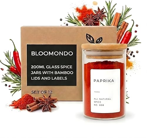Empty Spice Jars with Label Pack (12x Bamboo Lid Glass Jar). Small 6oz Spice Storage Bottles with 112 Printed Stickers and 48 Writable Pantry Labels for Seasoning Containers