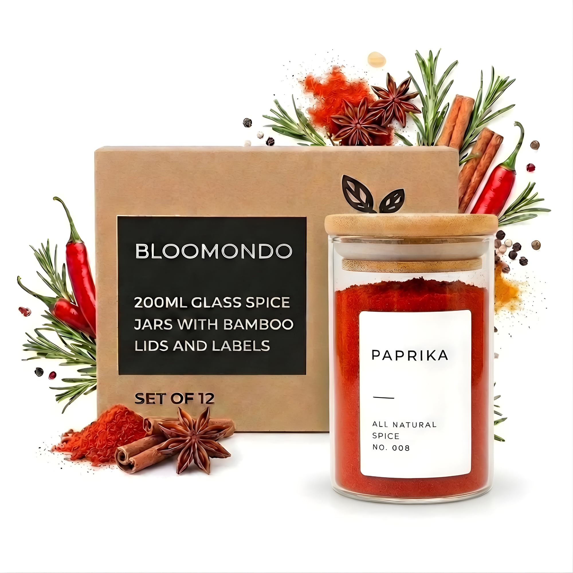 Empty Spice Jars with Label Pack (12x Bamboo Lid Glass Jar). Small 6oz Spice Storage Bottles with 112 Printed Stickers and 48 Writable Pantry Labels for Seasoning Containers