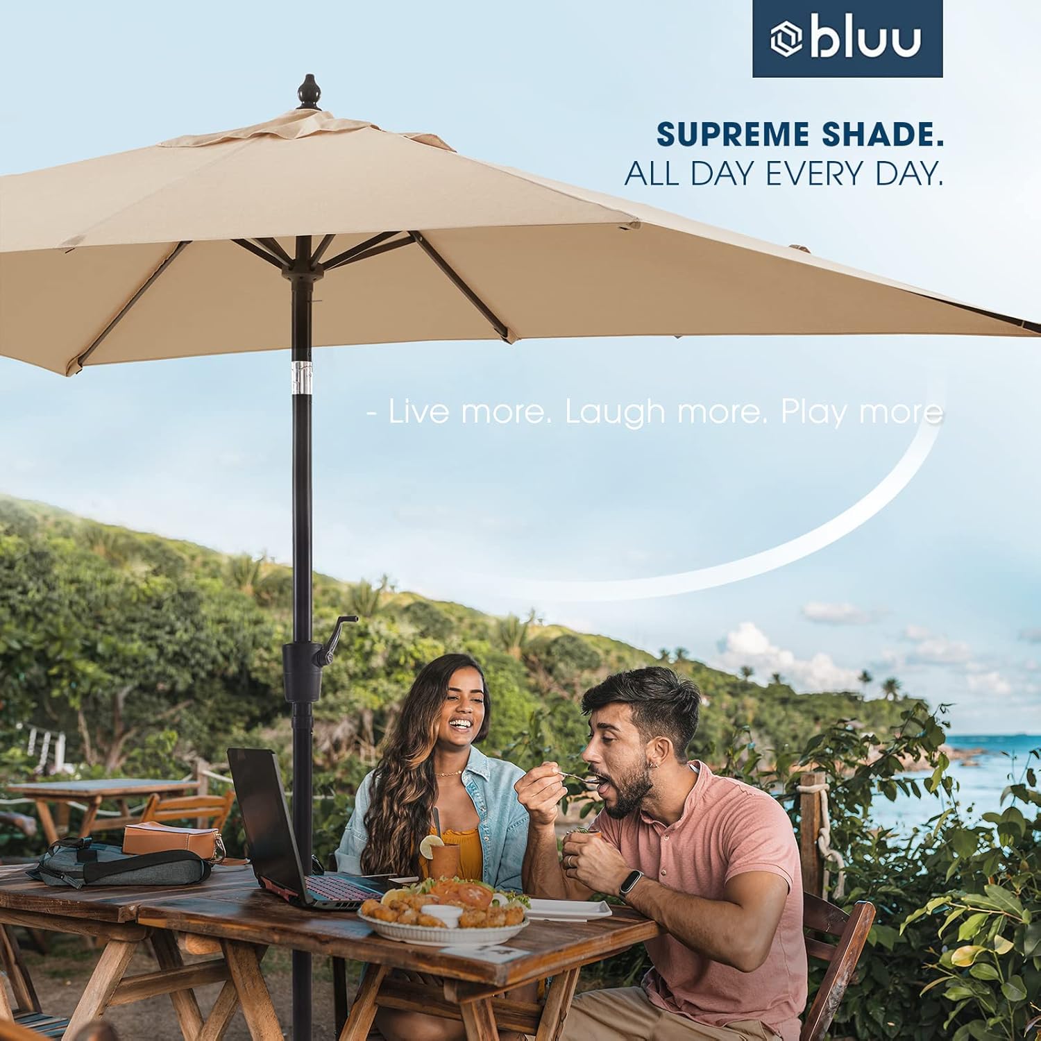 BLUU MAPLE Olefin 6.6 x 9.8 FT Patio Umbrella Outdoor Table Umbrellas, 36 Month Fade Resistance Olefin Canopy, Market Center Umbrellas with 8 Strudy Ribs & Push Button Tilt for Garden, Lawn & Pool (Beige)
