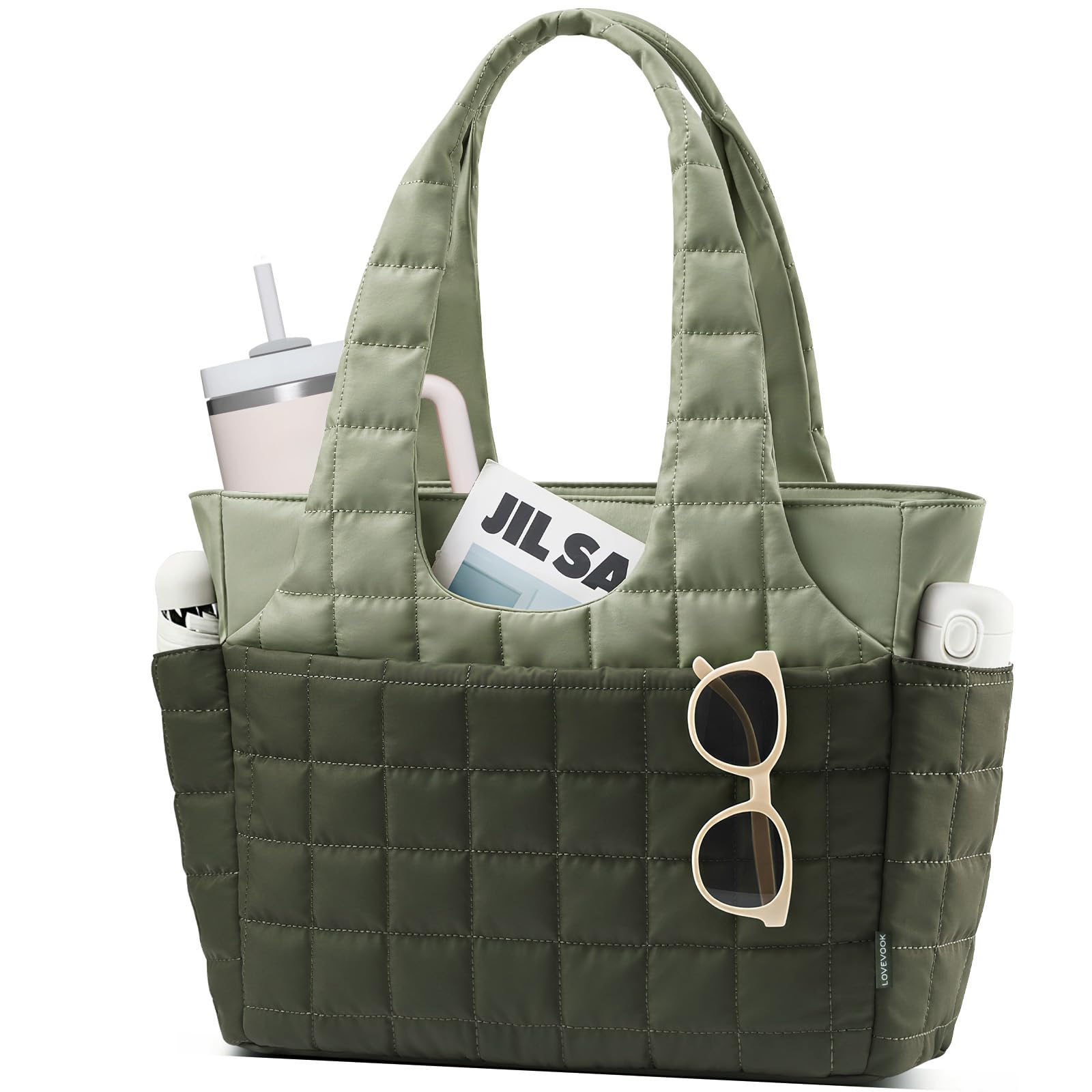 LOVEVOOK Puffer Handtasche Damen Groß, 15,6 Zoll Laptoptasche Shopper Tasche mit Wasserflaschenfach, Leichte Arbeitstasche Schultertasche für Arbeit, Uni & Reise