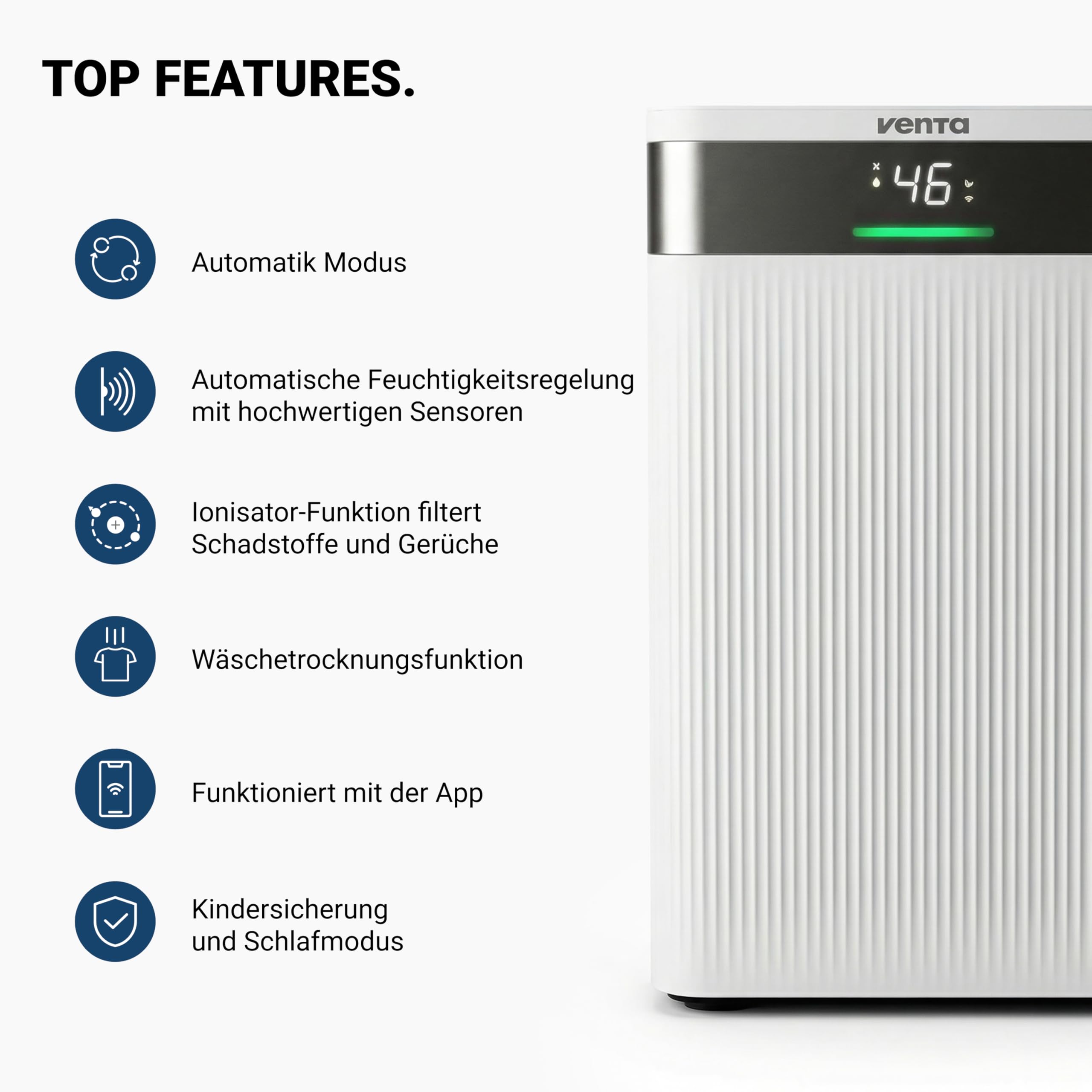 VENTA AD100 Luftentfeuchter elektrisch Raumentfeuchter | für Räume bis 40m² | Automatische Feuchtigkeitskontrolle, Wäschemodus