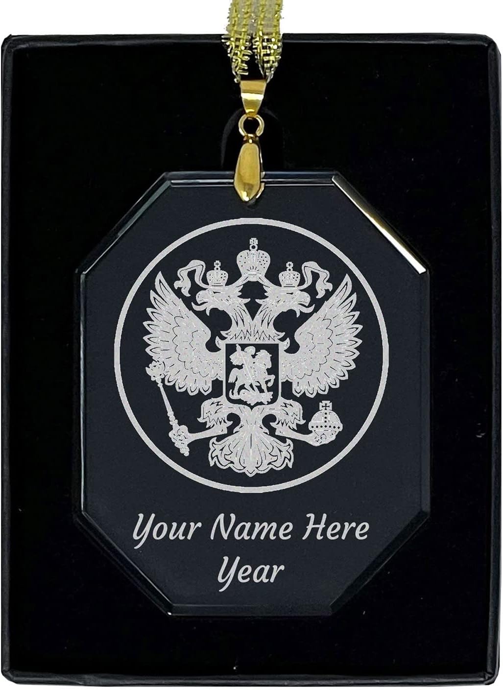 LaserGram Personalized Glass Christmas Ornament,Coat of Arms Russia, Custom Laser Engraved Gift Idea (Heart Shape)