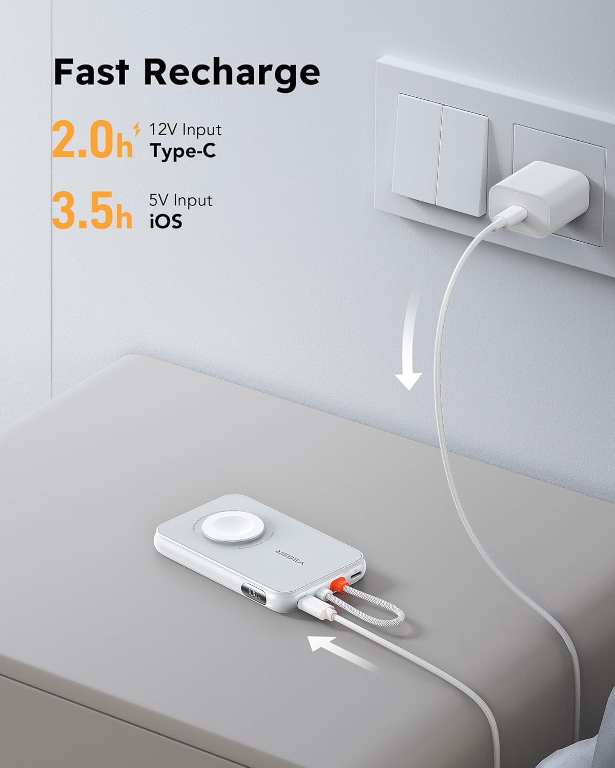 VEGER portable charger being recharged via a wall adapter