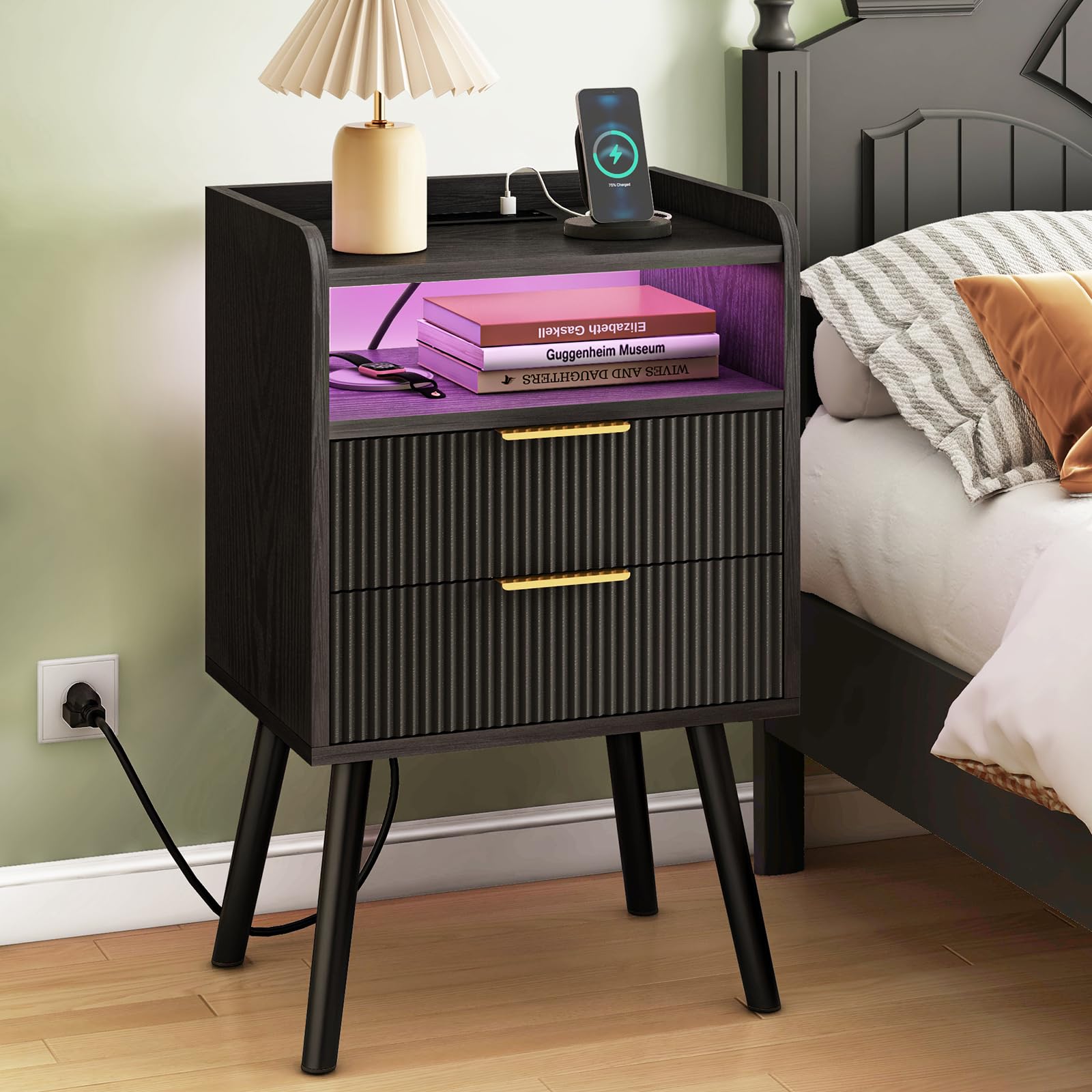 H15K5 2300 CHERRY NIGHT STAND 猫脚 ナイトスタンド Amazon.com: Fixwal Black Fluted Nightstand with Charging Station
