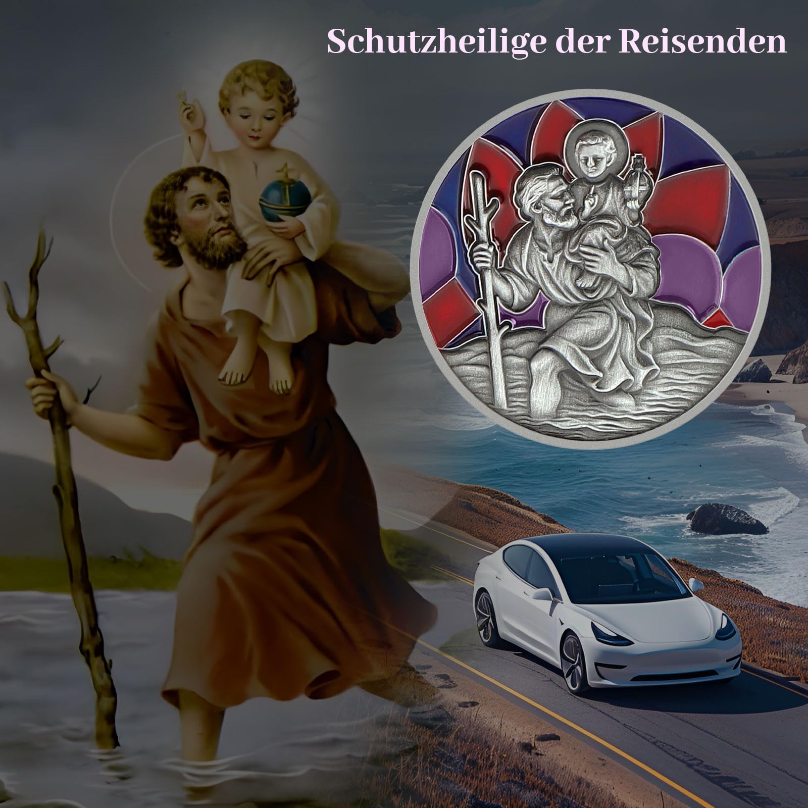 DXLing Placa de San Cristóbal para Coche Ø 4 cm Medalla de San Cristóbal para protegernos y Venir a casa Imán de Coche de San Cristóbal con imán Bolsa de Terciopelo y Pegatinas Adhesivas de Doble Cara - 4