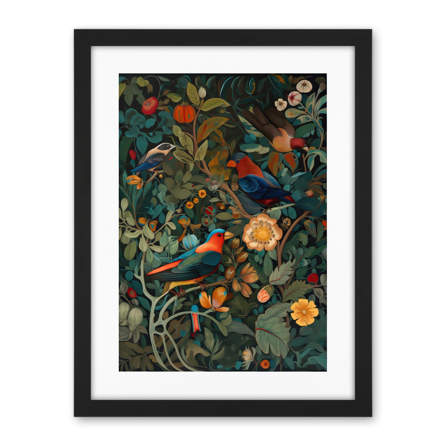 Artery8 Parrots on Exotic Blooming Trees Modern Folk Art Artwork Framed Wall Art Print 18X24 Inch