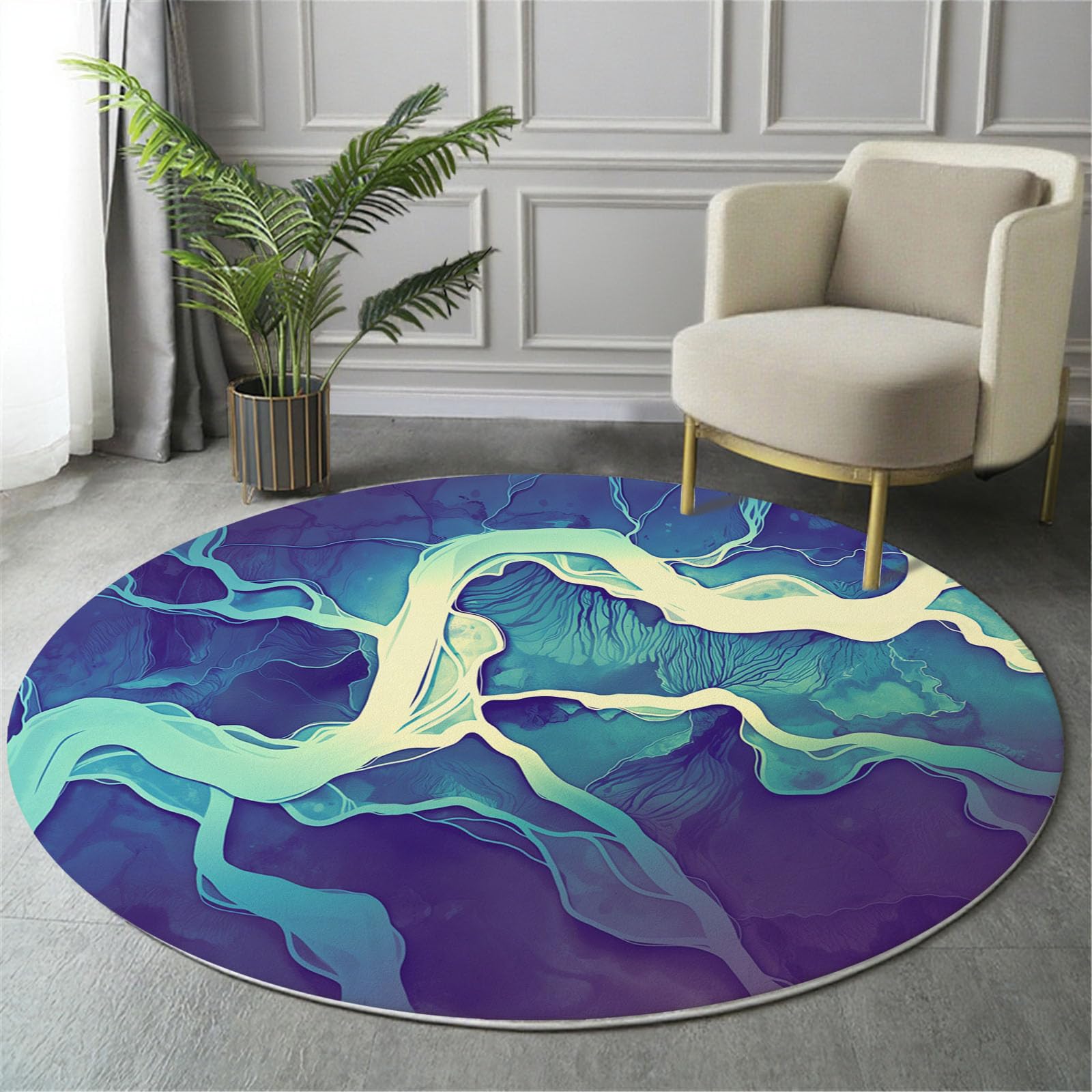 Tapis rond paysage fantastique au design marbre abstrait pour salon chic