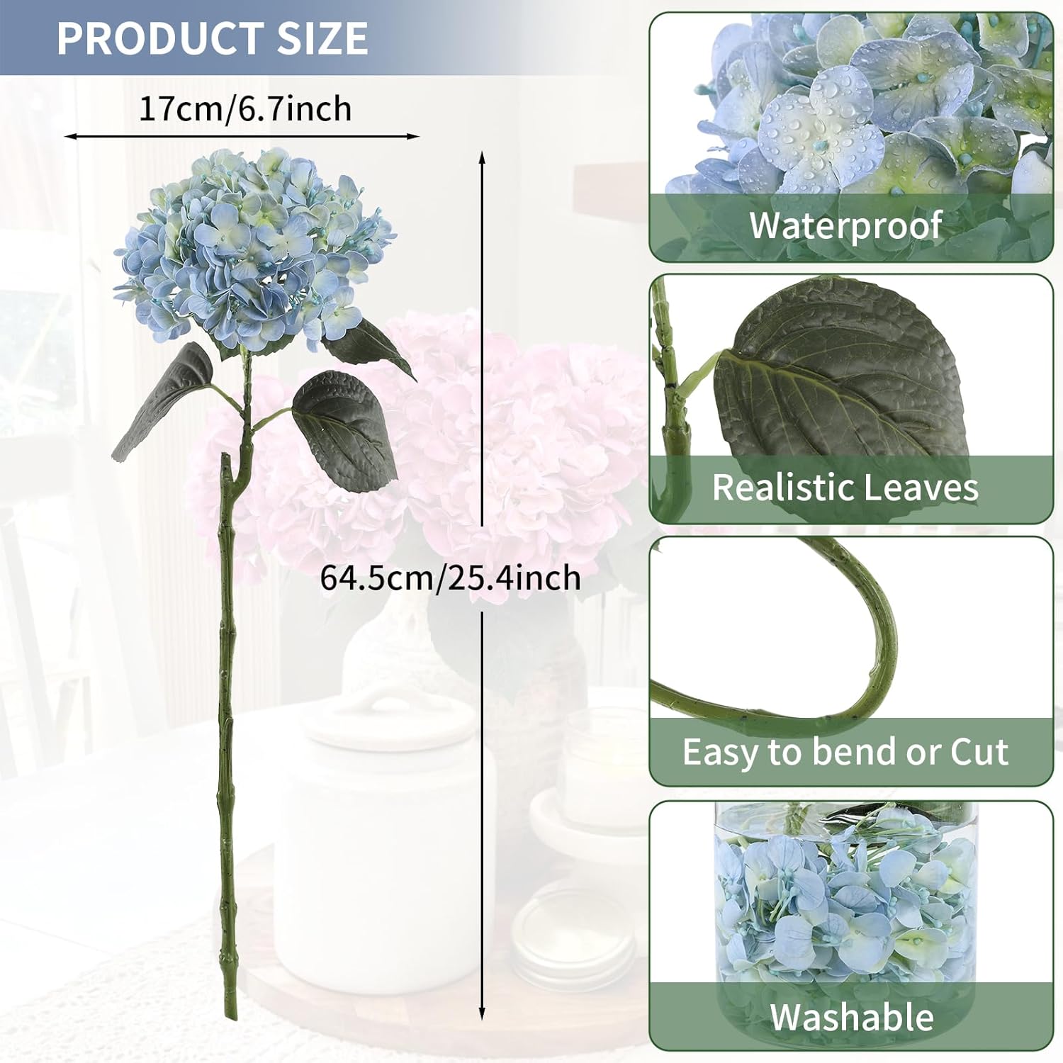 Coferset 3Pcs Hydrangea Artificial Flowers 24.8" Real Touch Faux Hydrangea Latex Fake Flowers with Bendable Stems &Leaves for Wedding Bouquet Centerpieces Home Party Decor(Blue & Green)