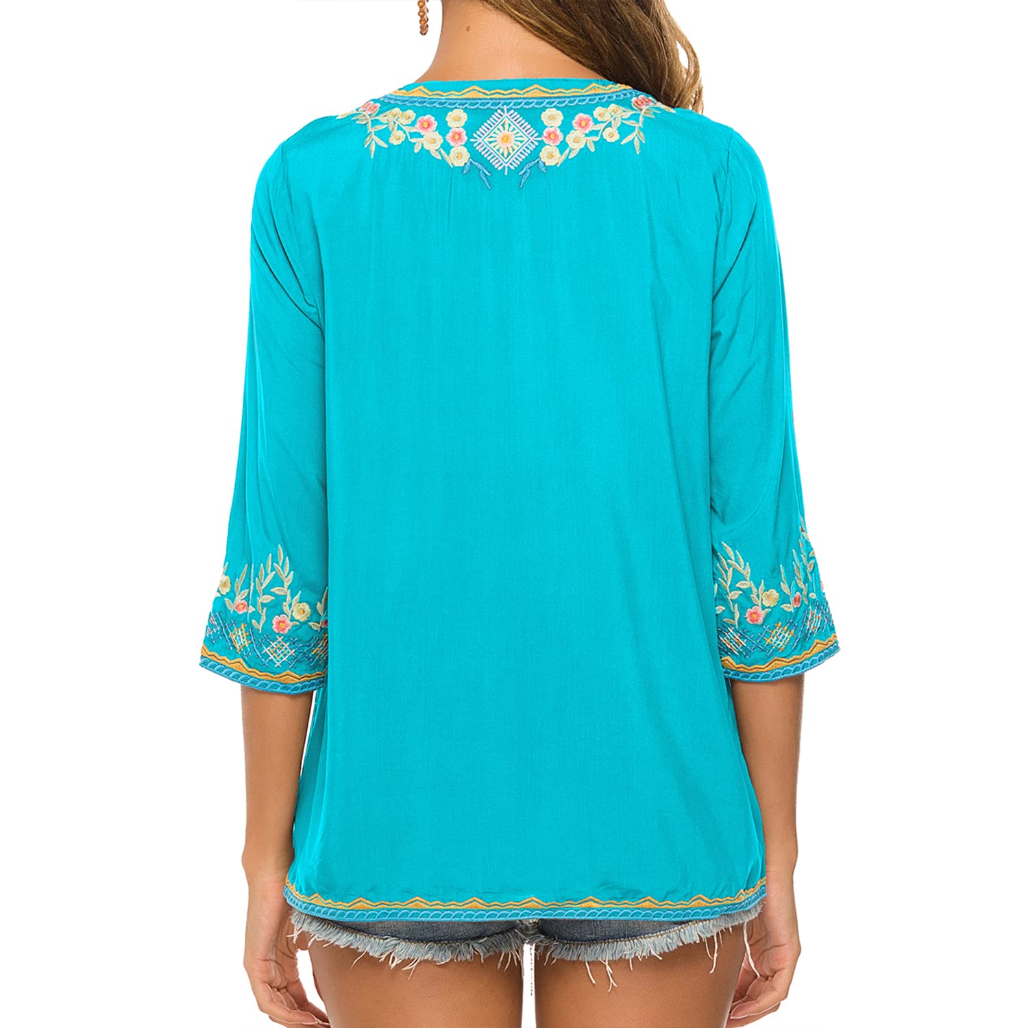 Hippie Kleidung Damen Bohemian Folklore Stickerei Bluse 3/4 äRmel V Ausschnitt Tunika Sommer LäSsige Oberteil