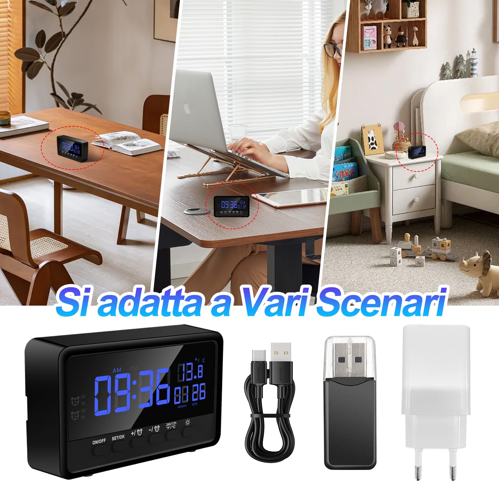 Mini Telecamera Spia Nascosta WiFi, 1080P, Visione Notturna | Dual-band 2.4/5 GHz, grandangolo 120°, rilevamento movimento, sveglia 2 in 1, luminosità, microSD 128 GB, invisibile