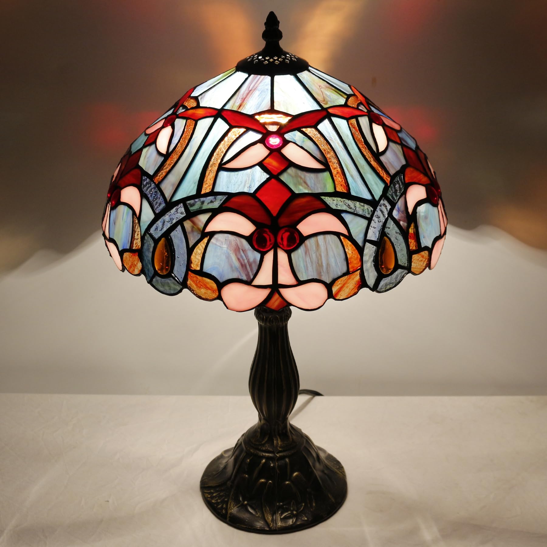 WERFACTORY Tiffany Lamp Blue Pink Stained Glass Table Lamp 18 Inch