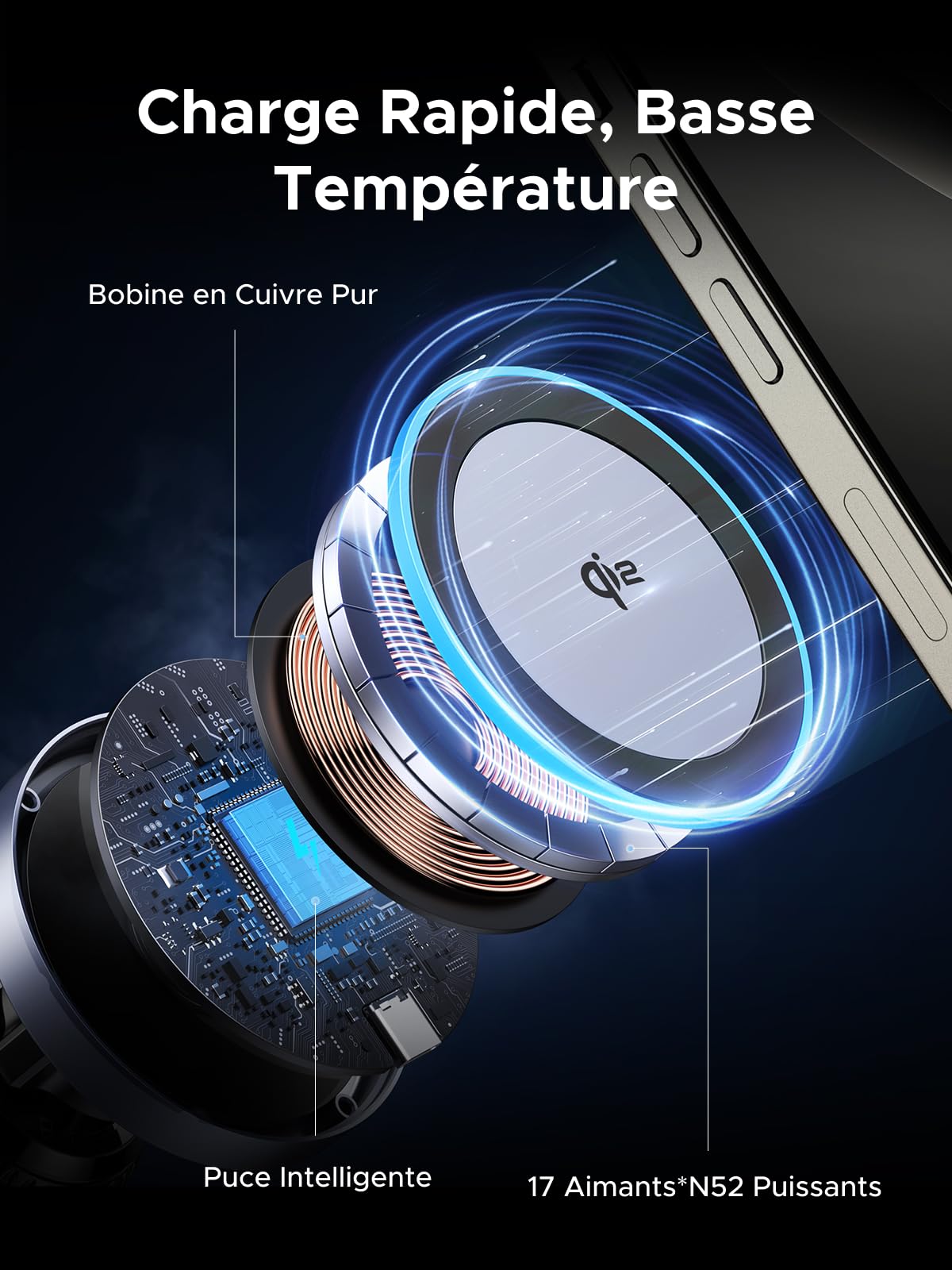 UGREEN MagFlow Qi2 15W Support Téléphone Voiture Induction Compatible avec MagSafe iPhone 17 16 15 14 13 12 Air Plus Pro Max Porte Smartphone Magnétique sans Fil Charge Rapide Grille Aération