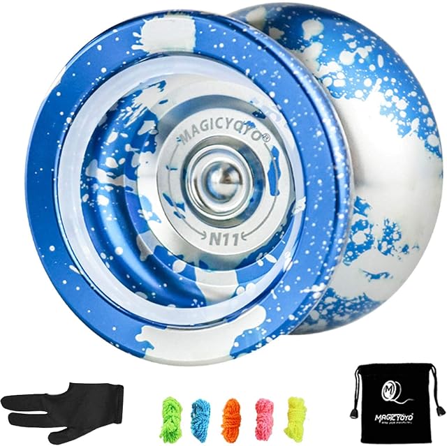 MAGICYOYO N11 Professional Yoyo Unresponsive Yo-yo for Intermediate Advanced, Alloy Aluminum Yoyo Toy with 5 Yoyo Strings, Bag, Glove (Blue & Sliver)