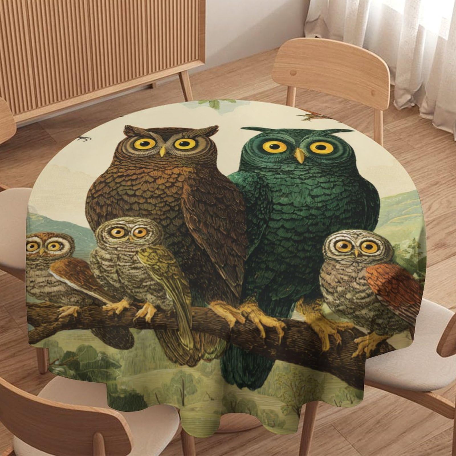 LUYYSKY Funny Beautiful Birds Owls Waterproof Round Tablecloth Retro Watercolor Spring Plants Trees Animals Owls Print Washable Table Cover for Kitchen-91.4" Wx91.4 L cm