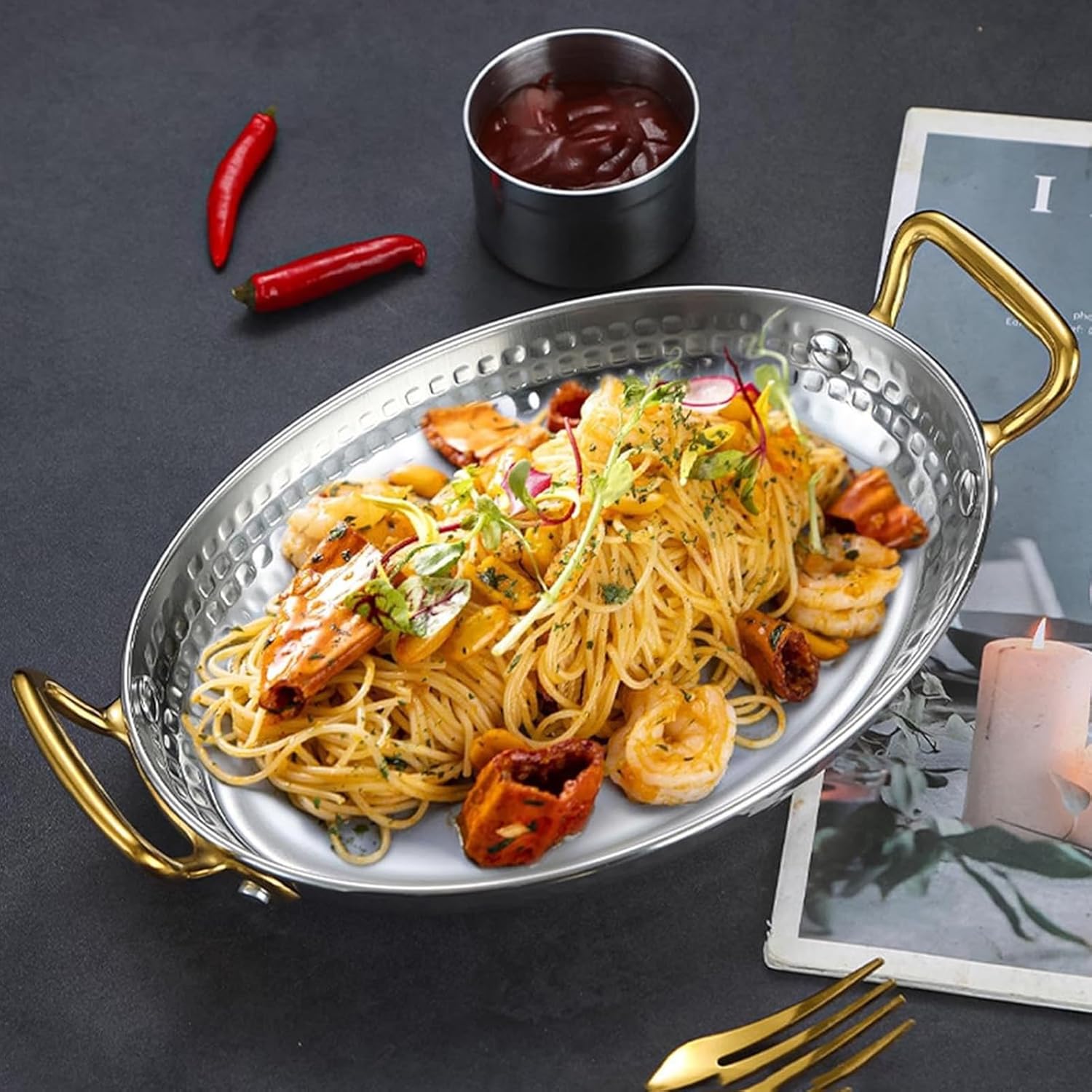 Stainless Steel Paella Pan, Nonstick Frying Pan with Dual Handle for Outdoor Cooking, Seafood and Lobster Skillet, Ideal for Camping and Parties, 16cm