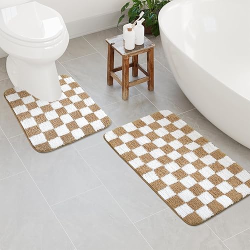 Miniatura 1 de Uphome Tapetes de baño para baño, alfombras de inodoro a cuadros color caqui, en forma de U, antideslizante, lavable, absorbente, alfombra de baño