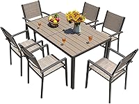 Homall 7-Piece Patio Dining Set with Oversized 59" Table & 6 Stackable Textilene Chairs - Outdoor Furniture for Porch, Pool, Yard, Garden - Brown