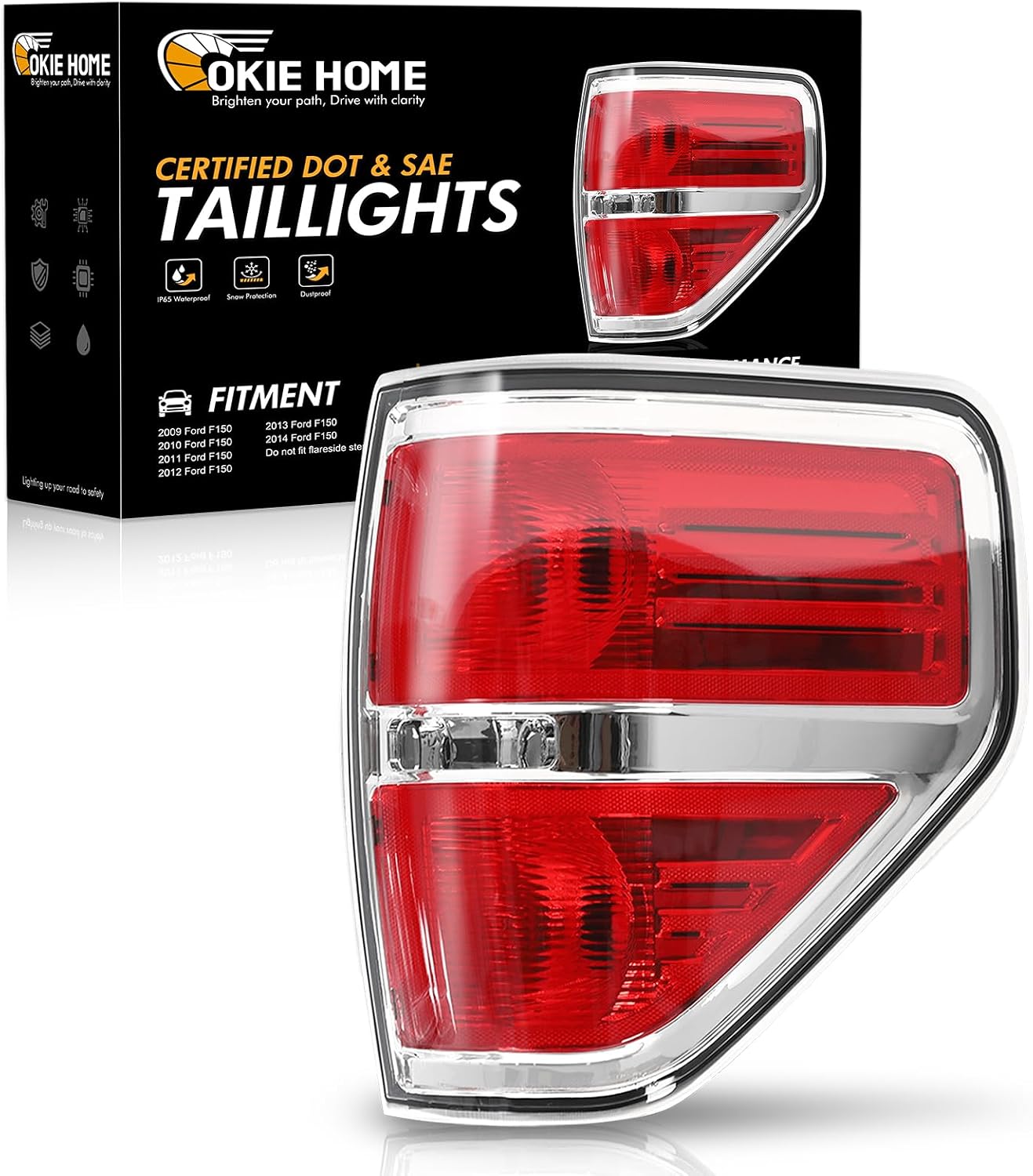 F150 Tail Lights Compatible for Ford F-150 2009 2010 2011 2012 2013 2014 Pickup Truck Chrome Trim Rear Brake Lamp Taillights Right Passenger Side Red Silver